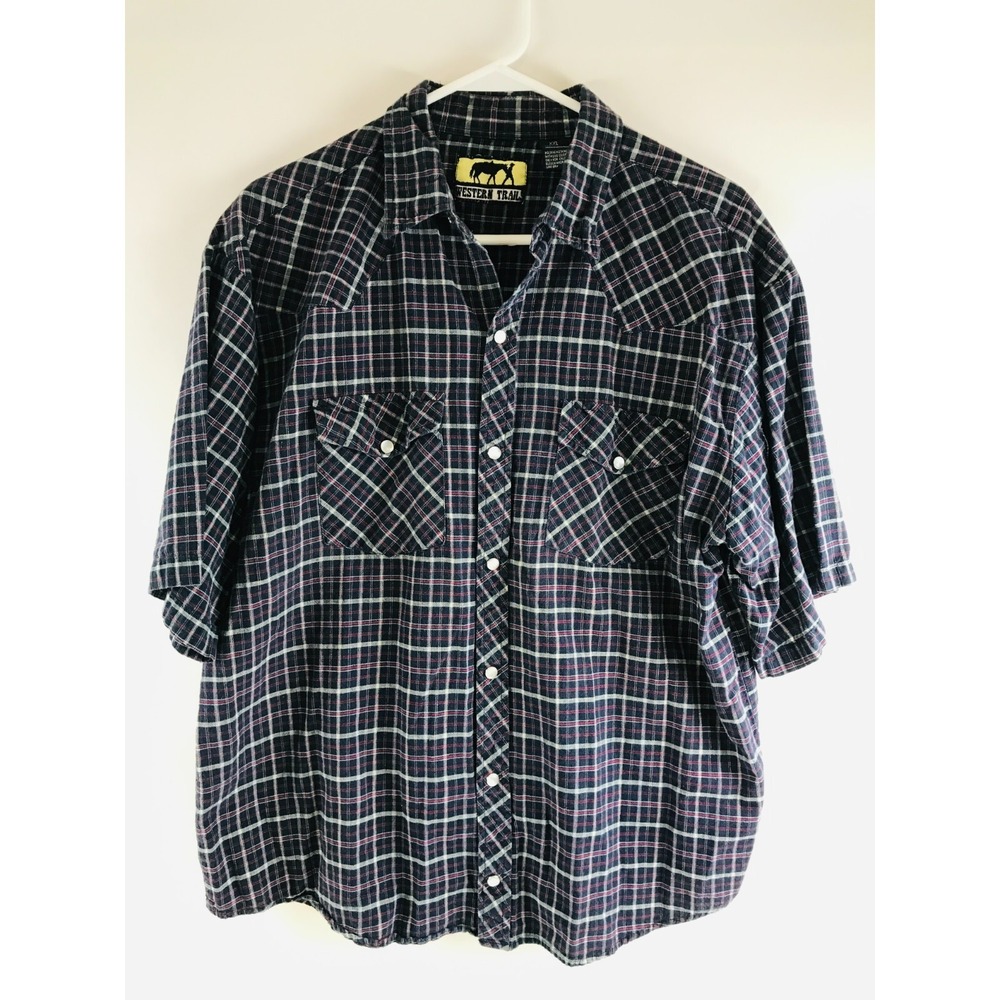Western Trails Shirt Men's Size XXL Navy Blue Red Plaid Western Pearl Snap